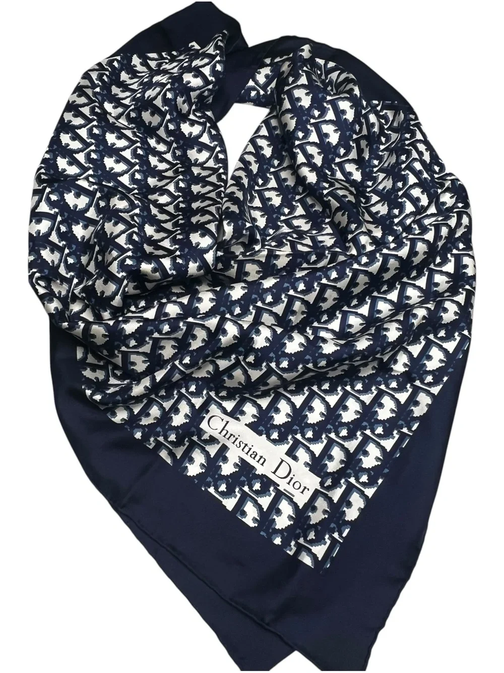 Auth Christian Dior Oblique Trotter Navy Blue Monogram Logo Silk Scarf 34” Large